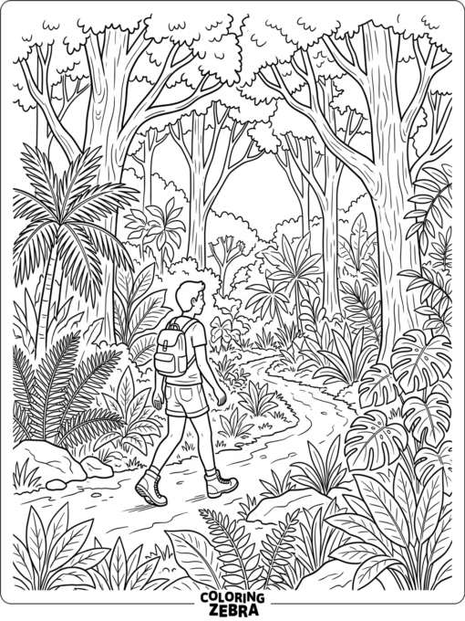 A person walking on a jungle trail with ferns