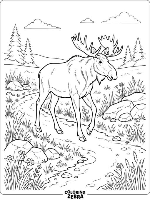 A moose walking along a path with grass and rocks