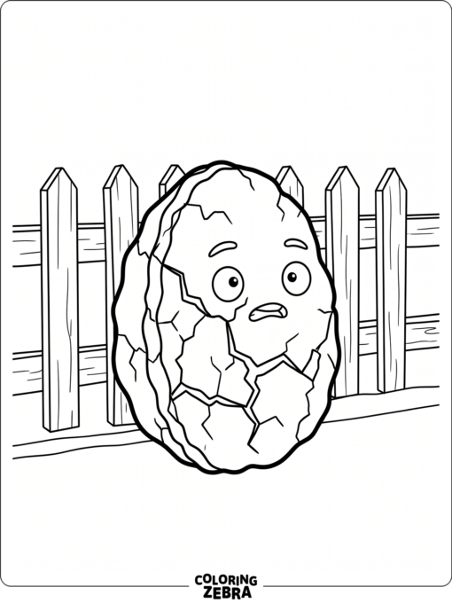 Wall-nut stands in front of a fence with a cracked shell