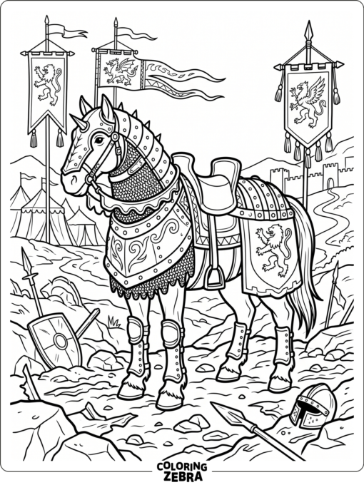 An armored war horse on a battlefield