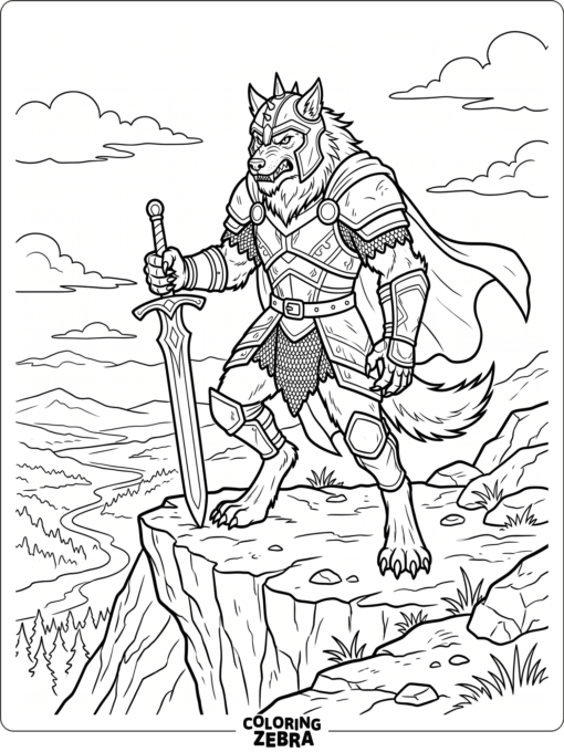 An armored werewolf holding a sword on a cliff