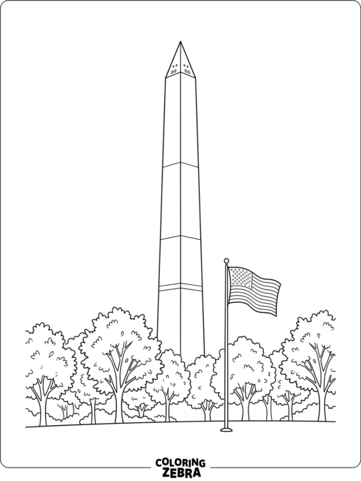 Washington Monument above trees with a small flag
