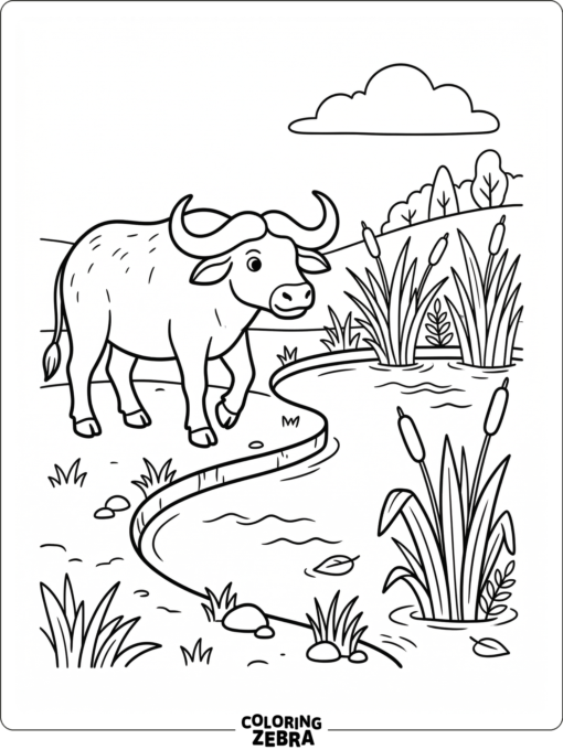 A water buffalo standing by a pond with reeds and a curved bank