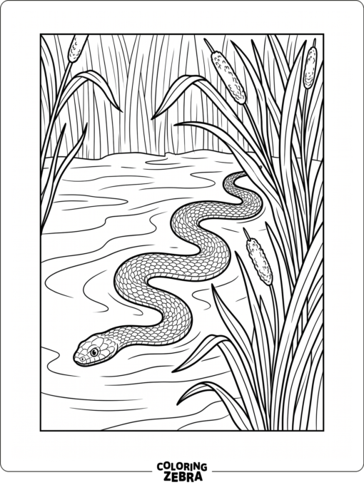 A water snake gliding through reeds near a pond