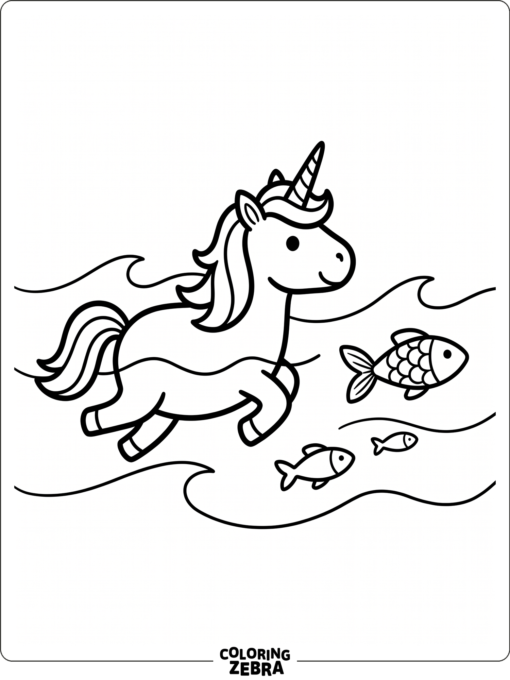A unicorn swimming in water with fish and waves