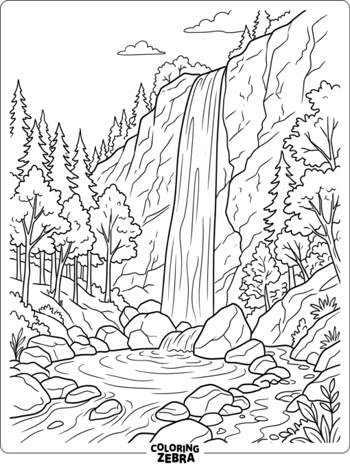 A tall waterfall falling into a rocky pool