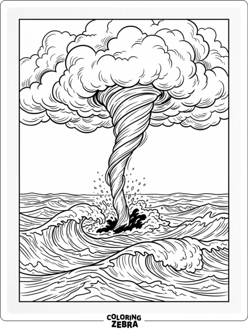 A waterspout rising from the sea with waves