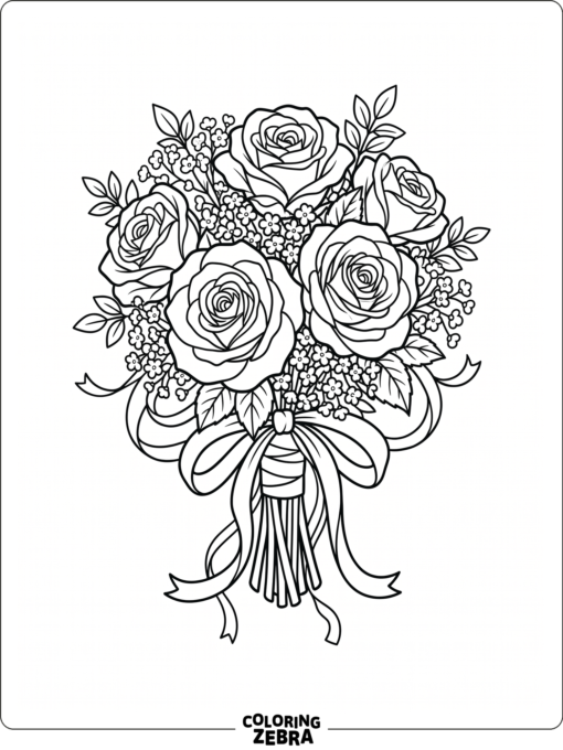 A wedding bouquet with roses and ribbons