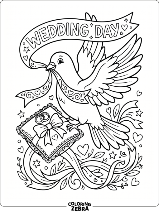 A wedding dove with ribbons and a ring pillow