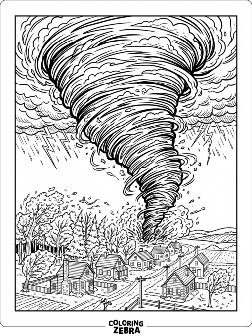 A wide wedge tornado over houses and trees