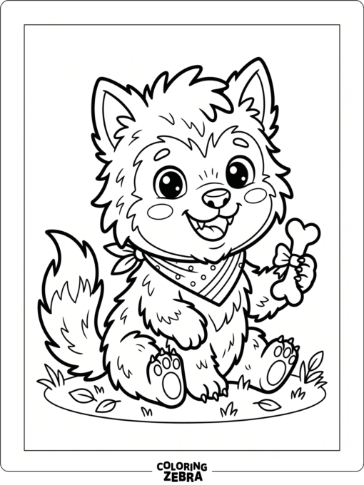 A baby werewolf holding a toy bone
