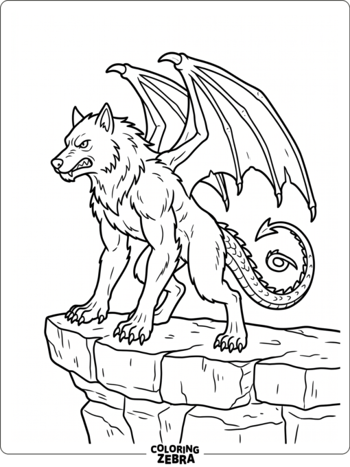 A winged werewolf with dragon features on a ledge