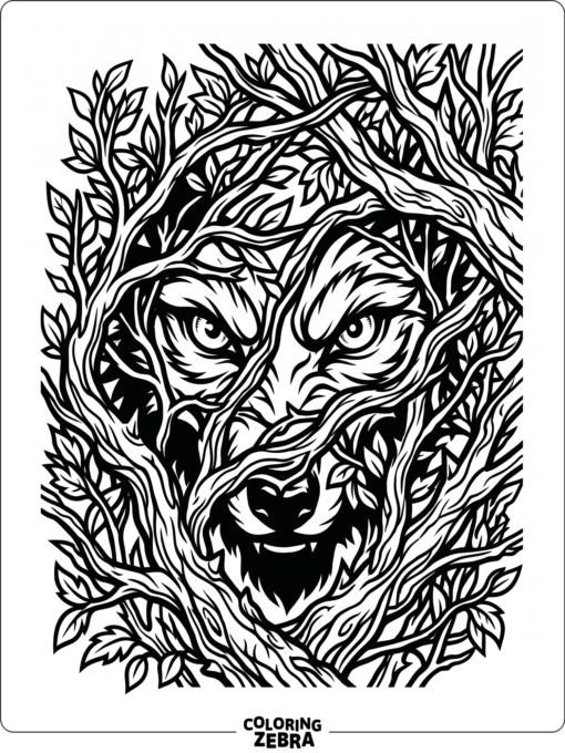 Glowing werewolf eyes peeking through branches