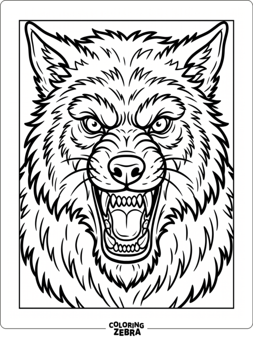 A close-up werewolf face with bared teeth