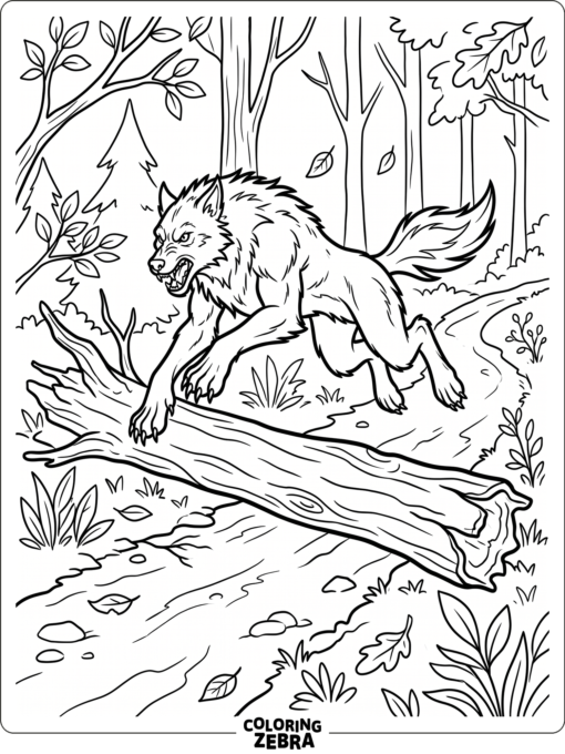 A werewolf leaping over a log