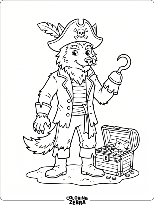 A werewolf pirate with a hat and treasure chest