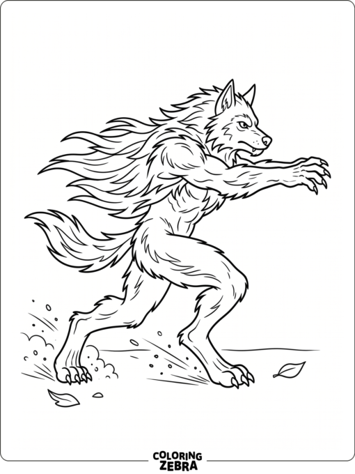 A werewolf running fast with fur flowing behind