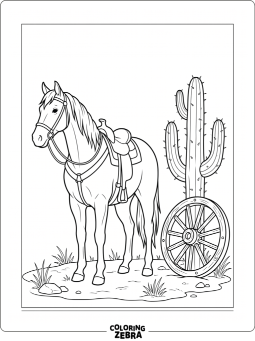 A western horse near a cactus and wagon wheel