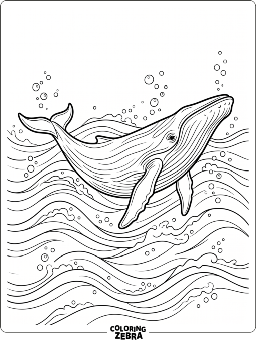 A simple whale gliding through the sea with bubbles around it