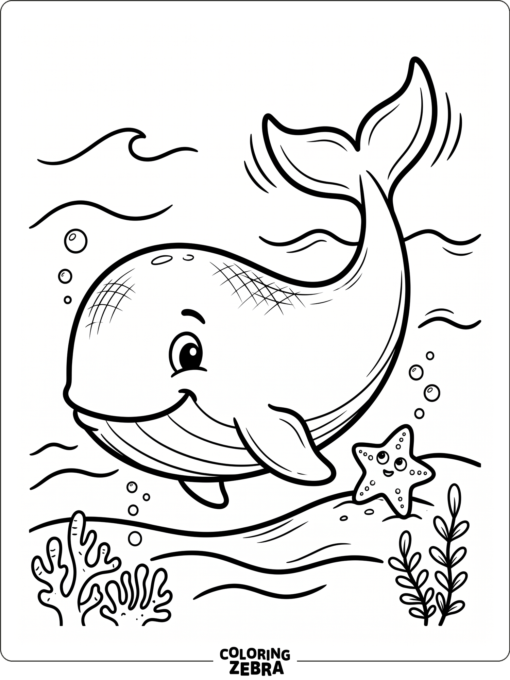 A cartoon whale with a sea star nearby