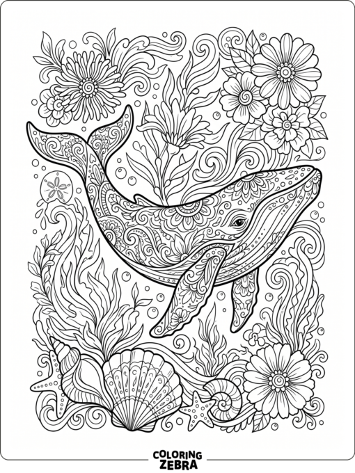 An ornate whale with shells and flowing patterns