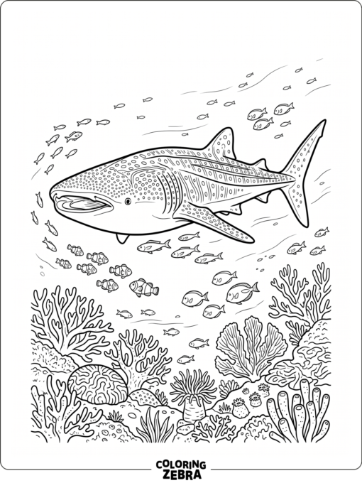A shark glides through waves with bubbles and coral below