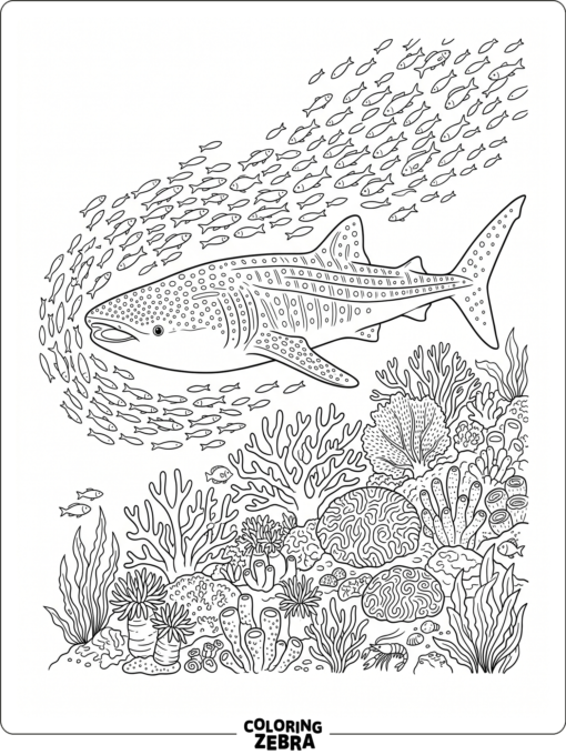 A whale shark swims beneath small fish in open water