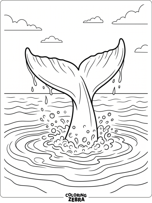 A whale tail rising from the water with ripples