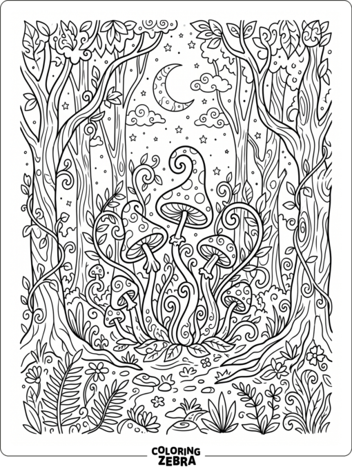 A whimsical forest with mushrooms, stars, and vines