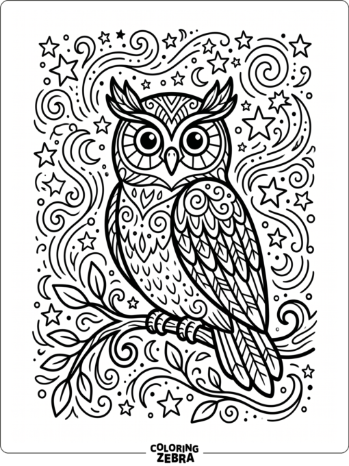 An owl surrounded by stars and swirls