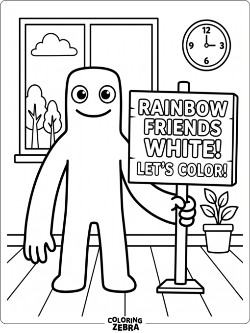 White from Rainbow Friends standing near a sign