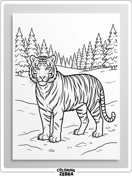 A white tiger standing in snow near pine trees