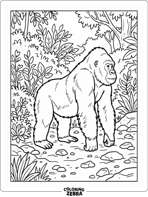 A gorilla in a wild habitat with shrubs and stones