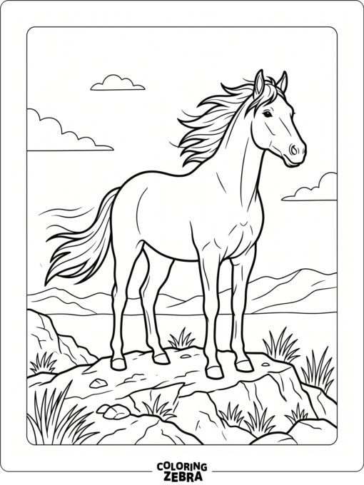 A wild horse stands on rocky ground with a windswept mane