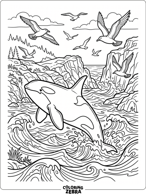 An orca in a wild ocean setting with rocks