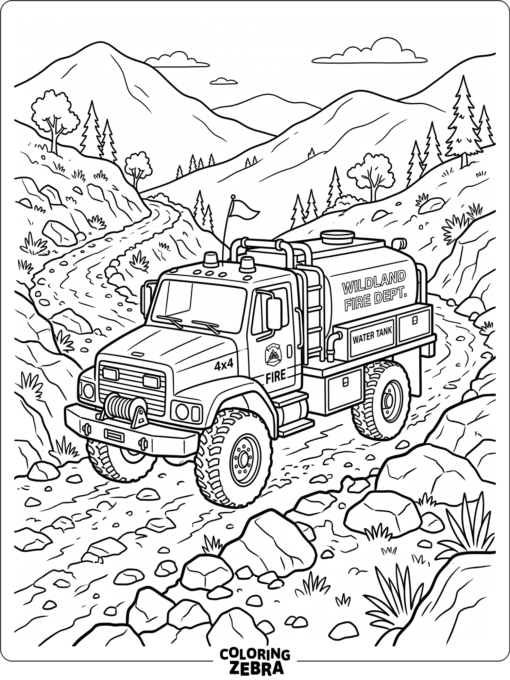 Wildland fire truck on a rocky path