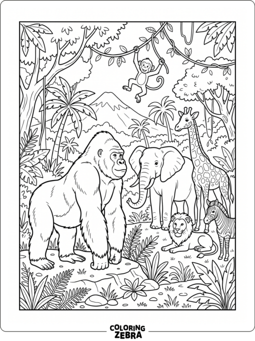 A gorilla with other jungle animals in a nature scene