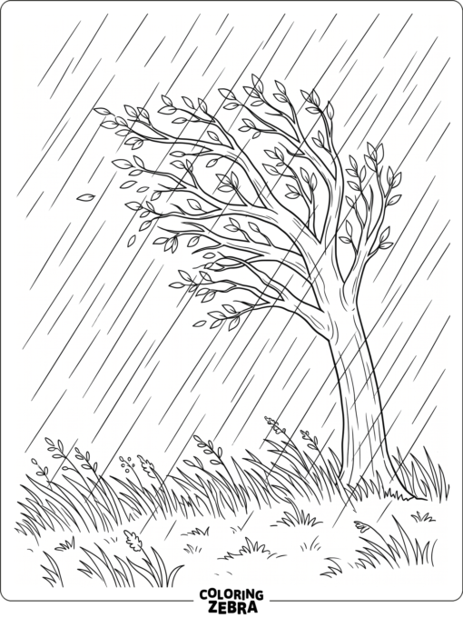 Wind pushes rain across a tree and grassy field