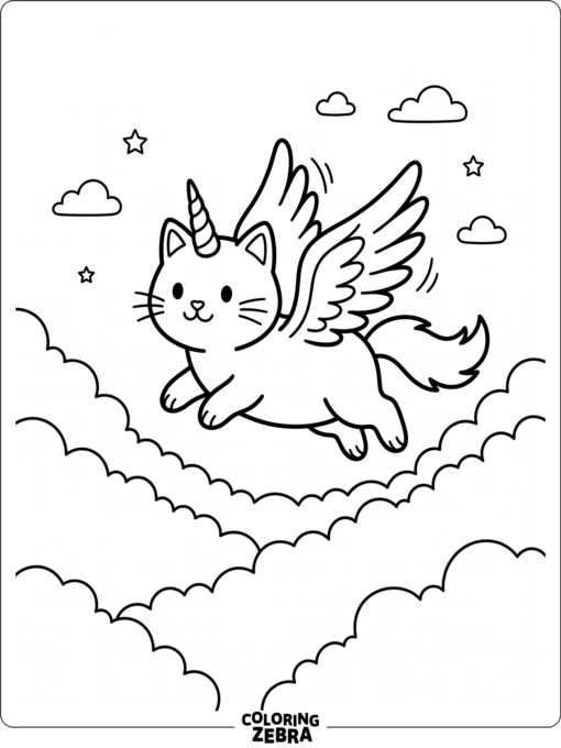 A winged caticorn flying above clouds