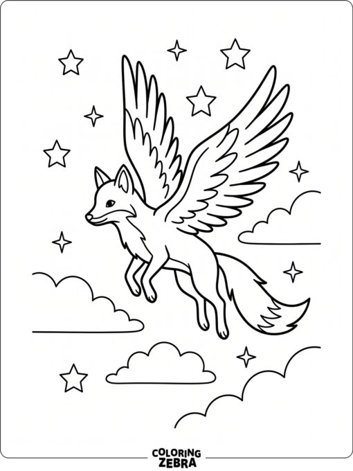 A winged fox flies above stars and clouds