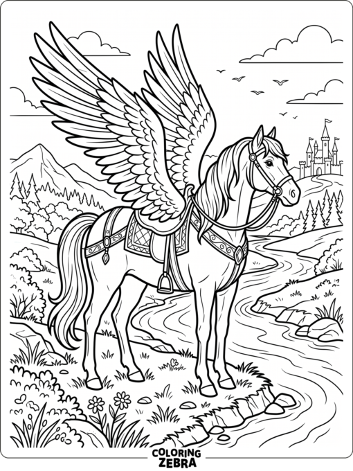 A winged horse with fantasy tack by a river