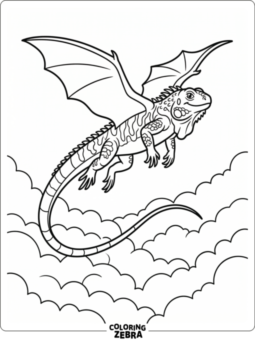 A flying dragon iguana gliding above clouds