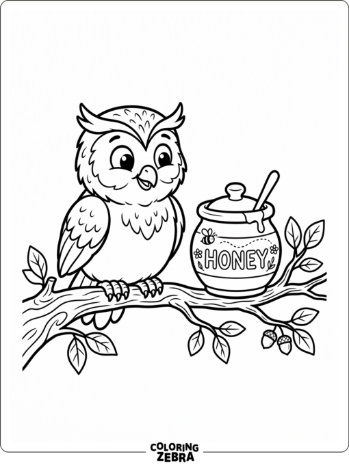 A friendly owl perched by a honey pot