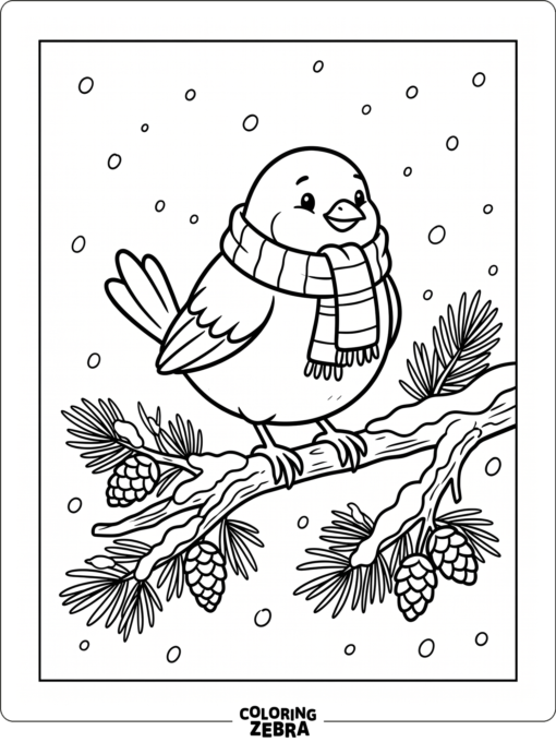 A bird in a scarf on a snowy branch
