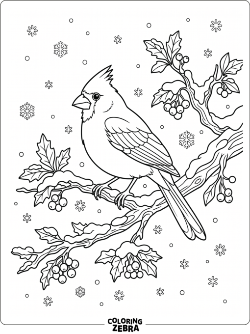 A cardinal on a snowy branch with snowflakes