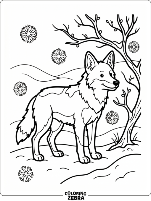 A coyote standing in snow near bare branches