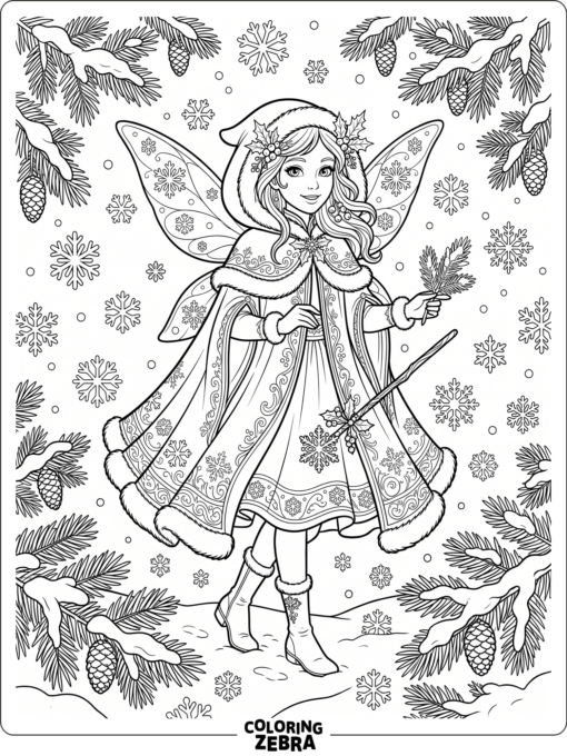 A winter fairy in a cloak with snowflakes