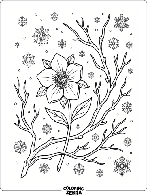 A winter flower with snowflakes and bare branches