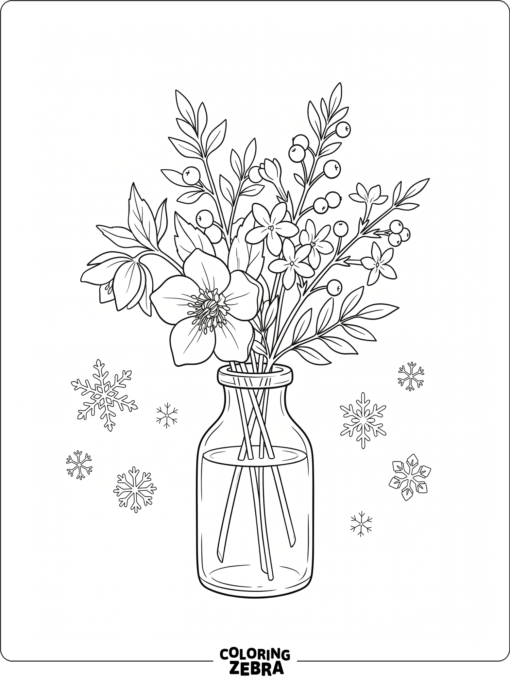 Winter flowers in a vase with snowflakes