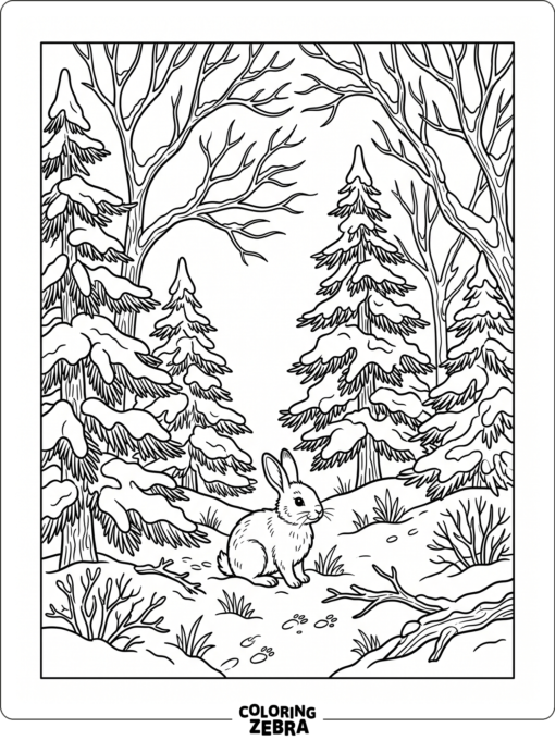 A winter forest with snowy trees and a rabbit